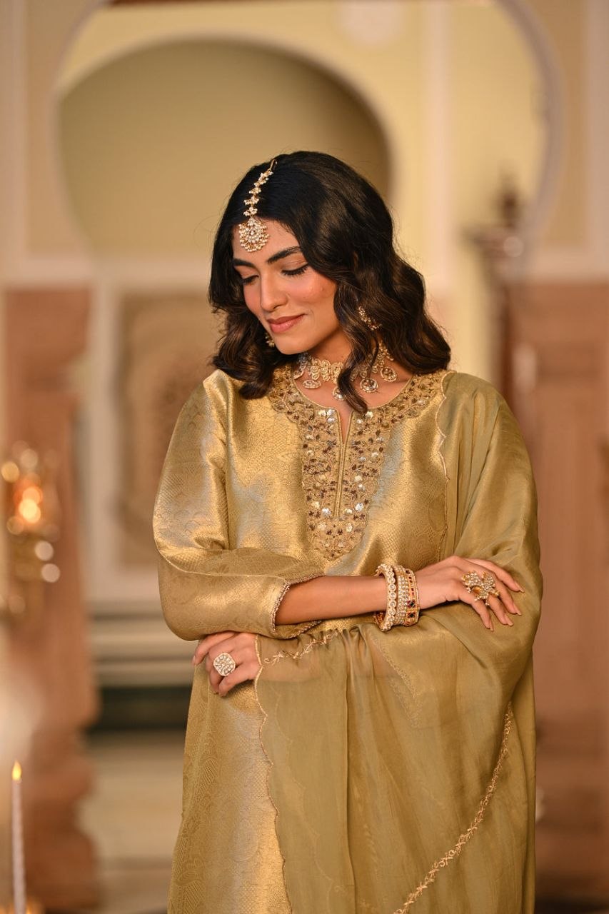 Champagne Yellow Embroidered Straight Kurta Set With Dupatta