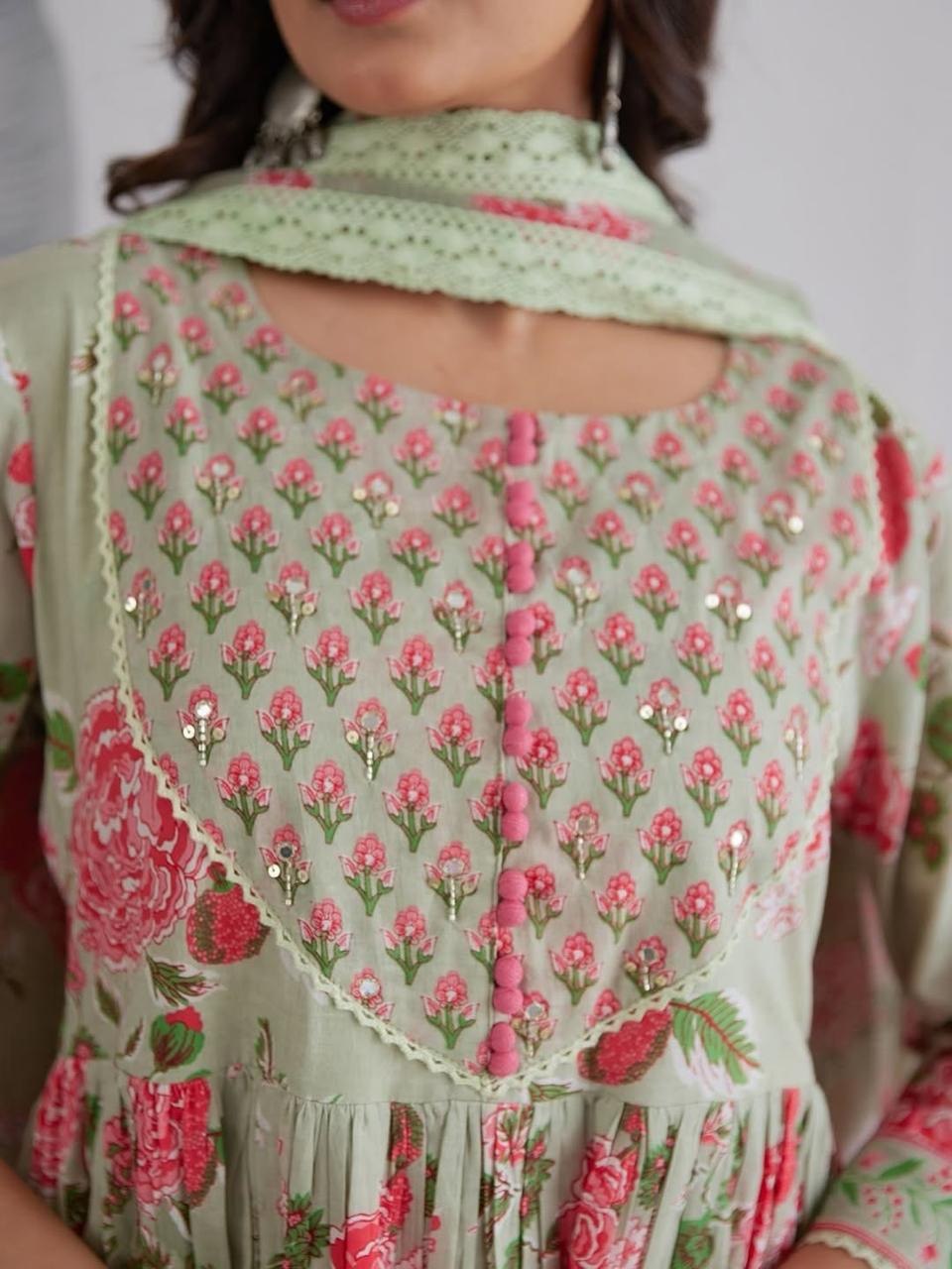 Mint Green Floral Printed Anarkali Kurta Set with Dupatta for Women