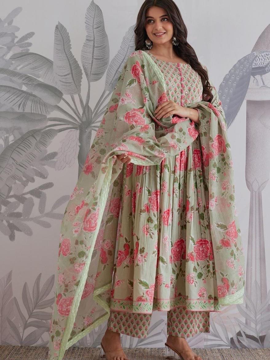 Mint Green Floral Printed Anarkali Kurta Set with Dupatta for Women