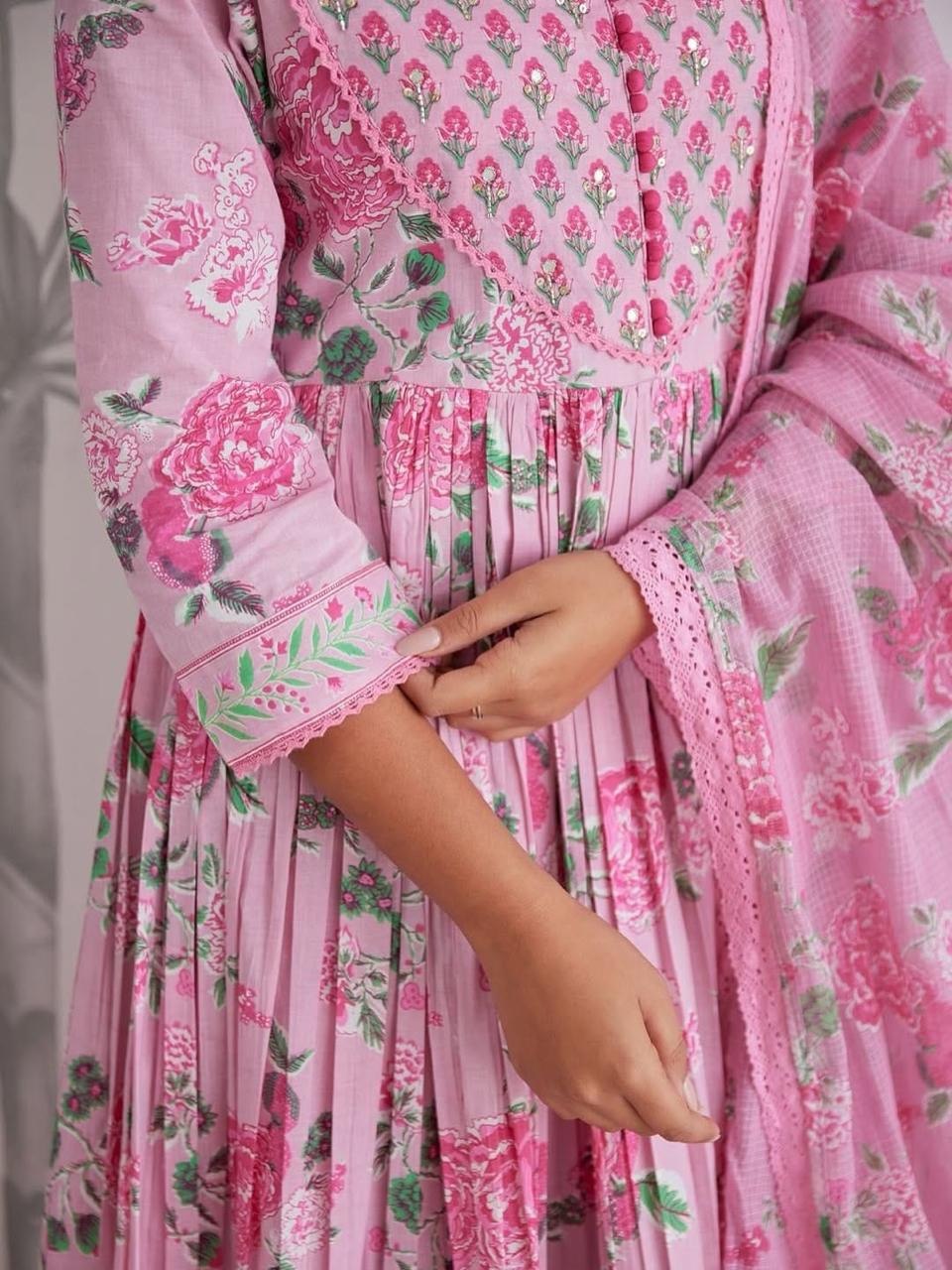 Pink Floral Printed Anarkali Kurta Set with Dupatta for Women