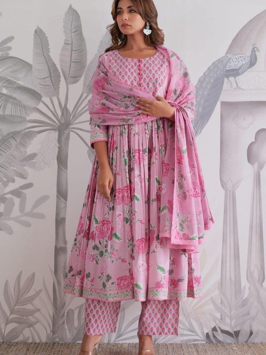 Pink Floral Printed Anarkali Kurta Set with Dupatta for Women