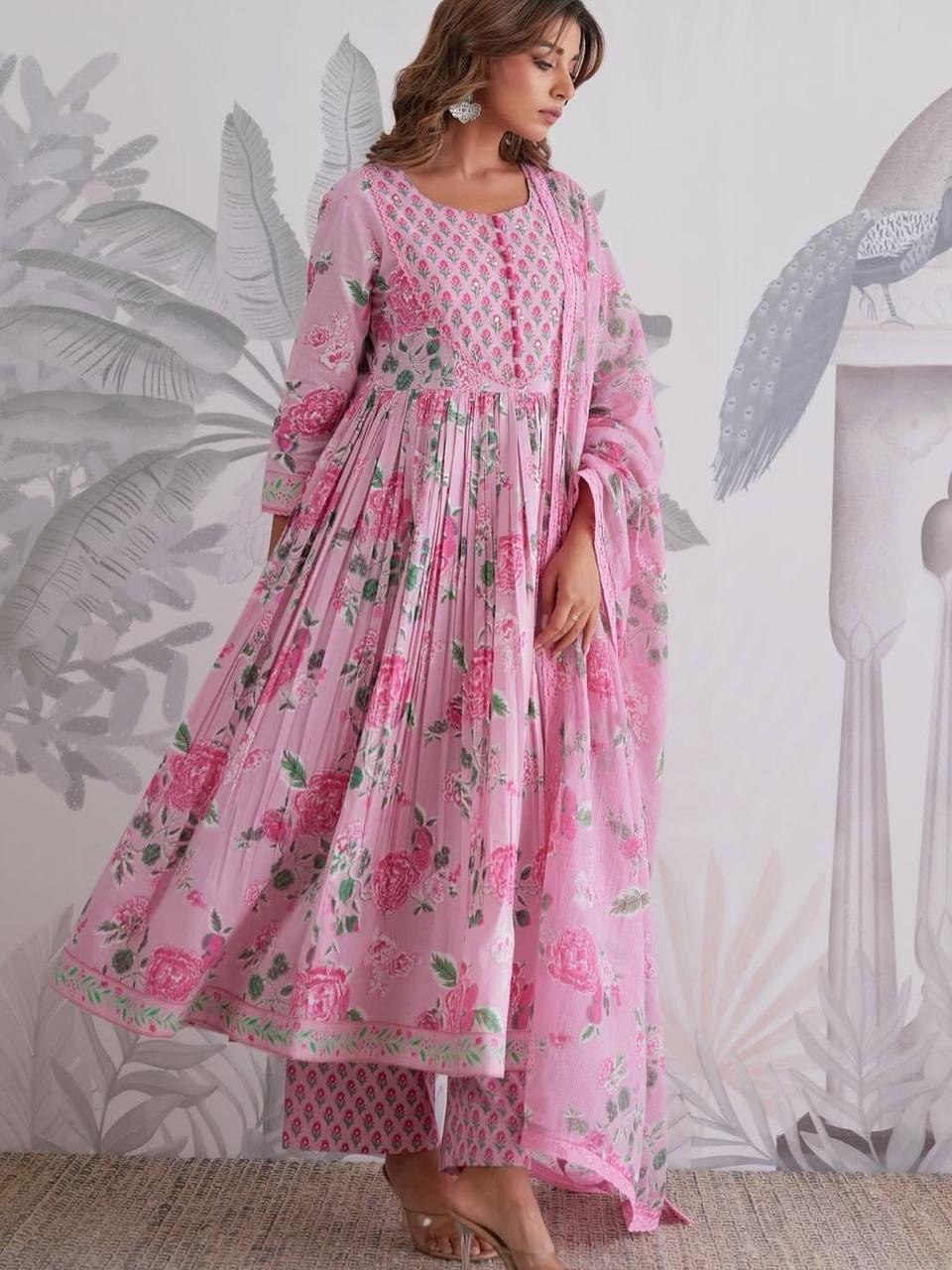 Pink Floral Printed Anarkali Kurta Set with Dupatta for Women