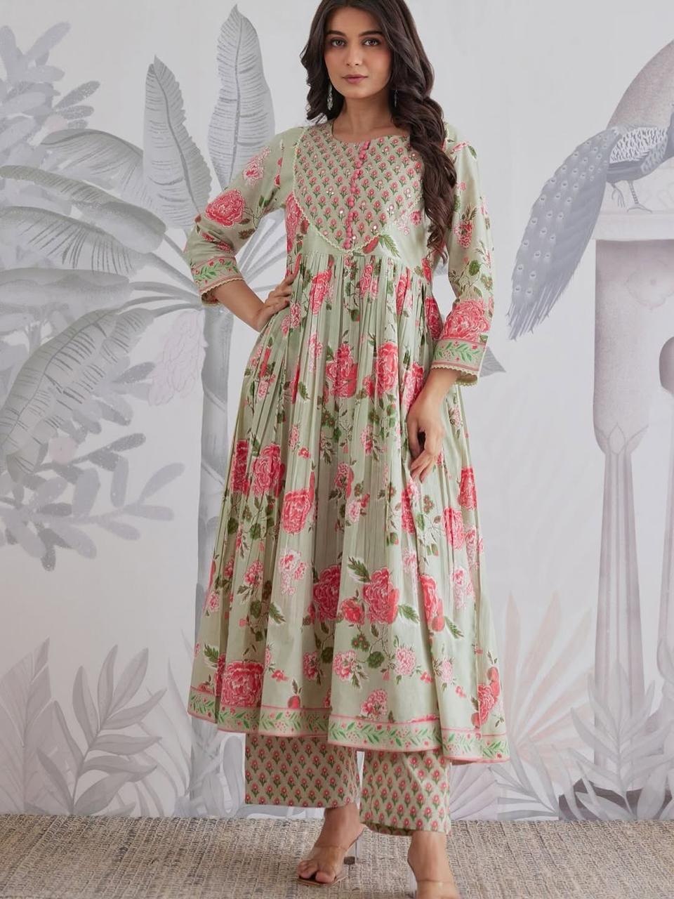 Mint Green Floral Printed Anarkali Kurta Set with Dupatta for Women