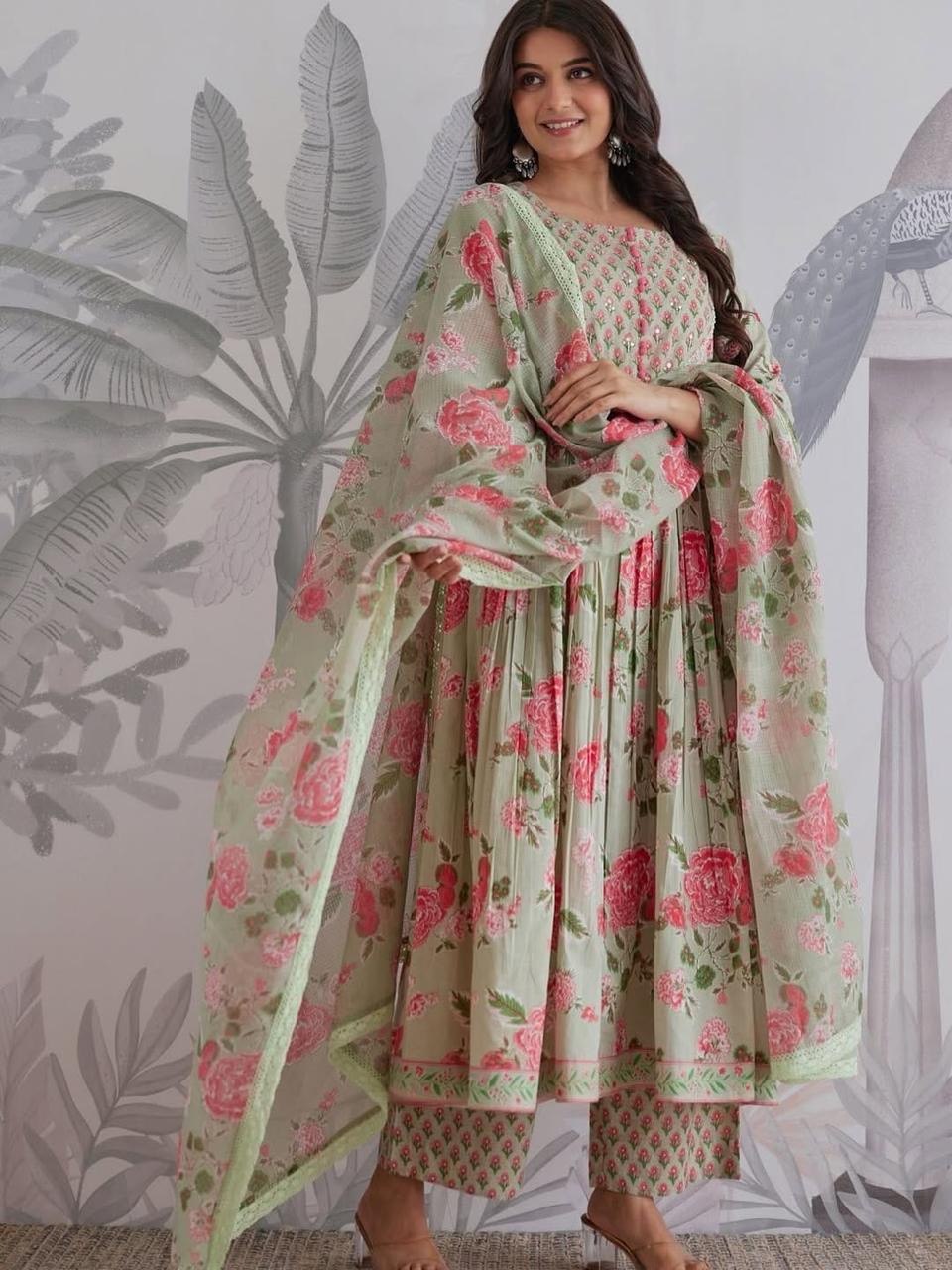 Mint Green Floral Printed Anarkali Kurta Set with Dupatta for Women