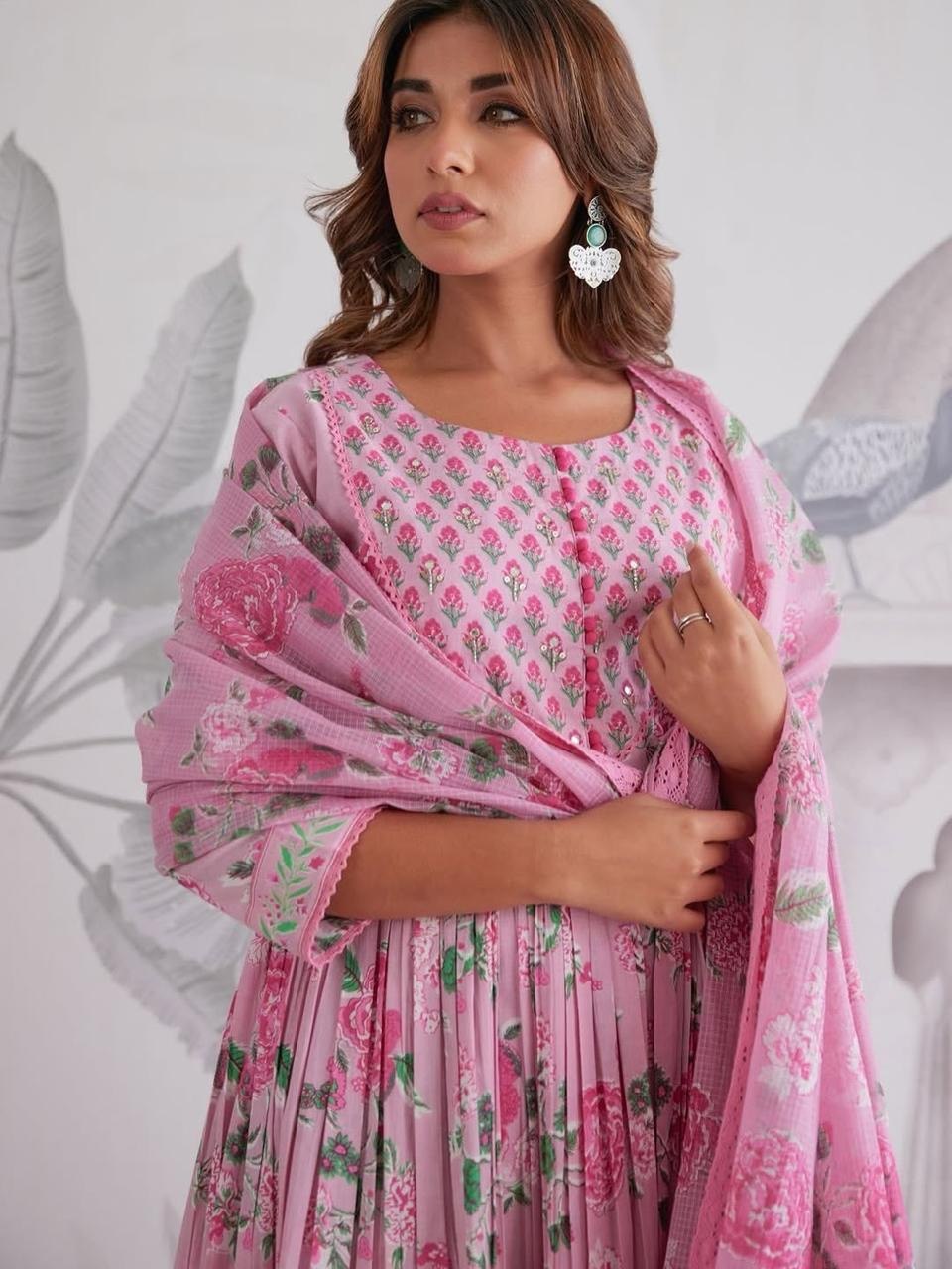 Pink Floral Printed Anarkali Kurta Set with Dupatta for Women