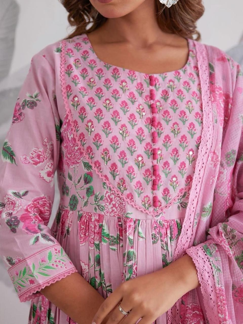 Pink Floral Printed Anarkali Kurta Set with Dupatta for Women