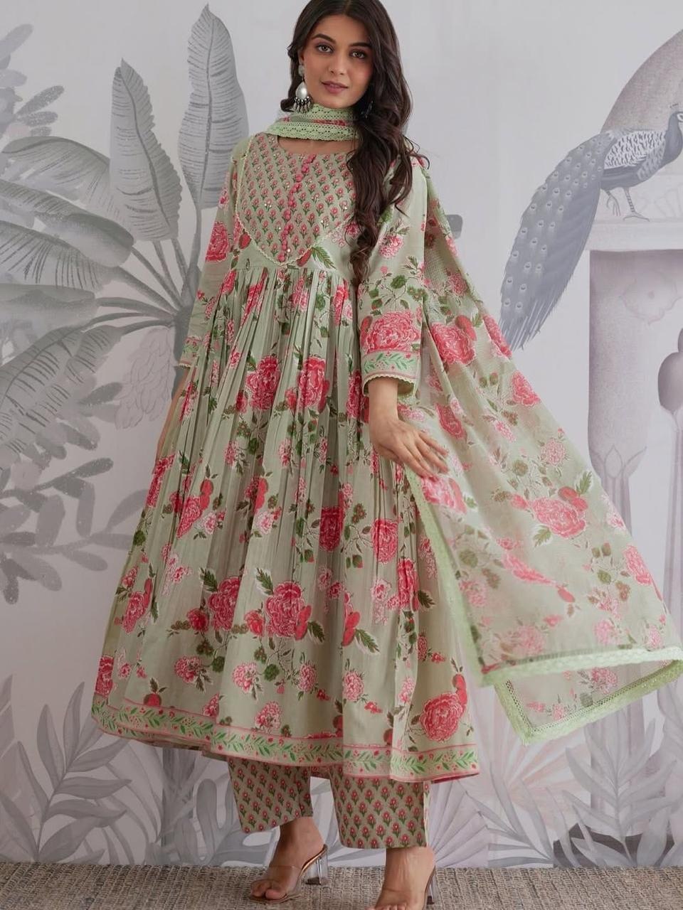 Mint Green Floral Printed Anarkali Kurta Set with Dupatta for Women