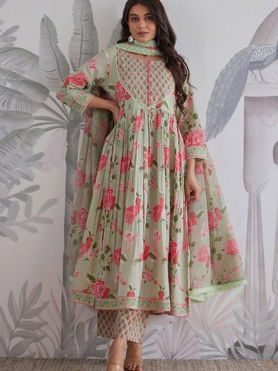 Mint Green Floral Printed Anarkali Kurta Set with Dupatta for Women
