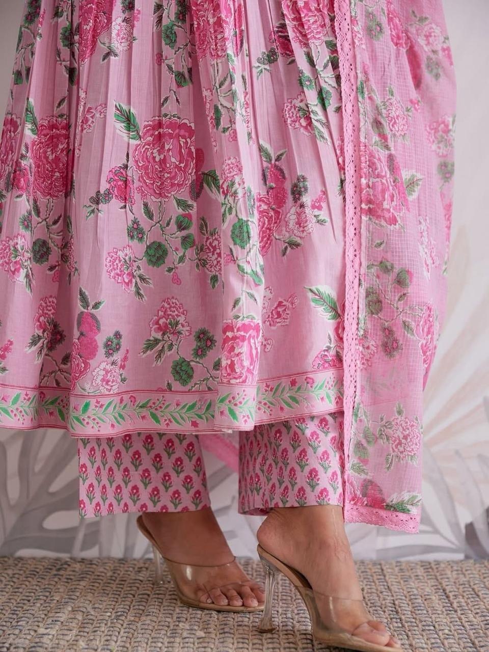 Pink Floral Printed Anarkali Kurta Set with Dupatta for Women