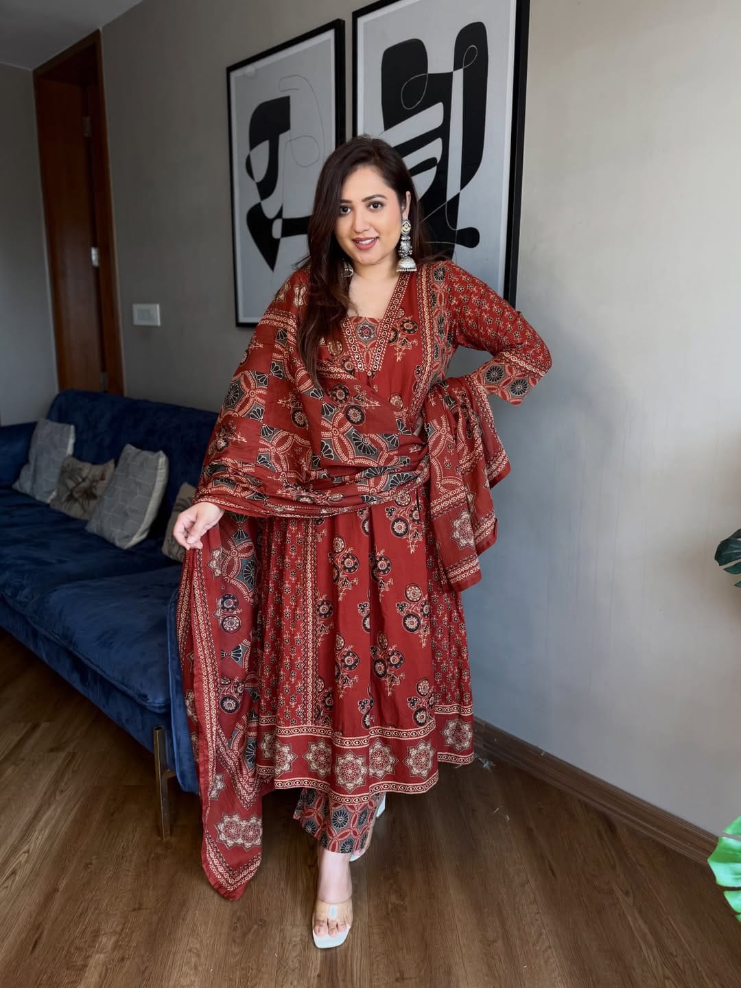 Midnight Elegance Floral Printed Cotton Kurta Set with Dupatta for Women