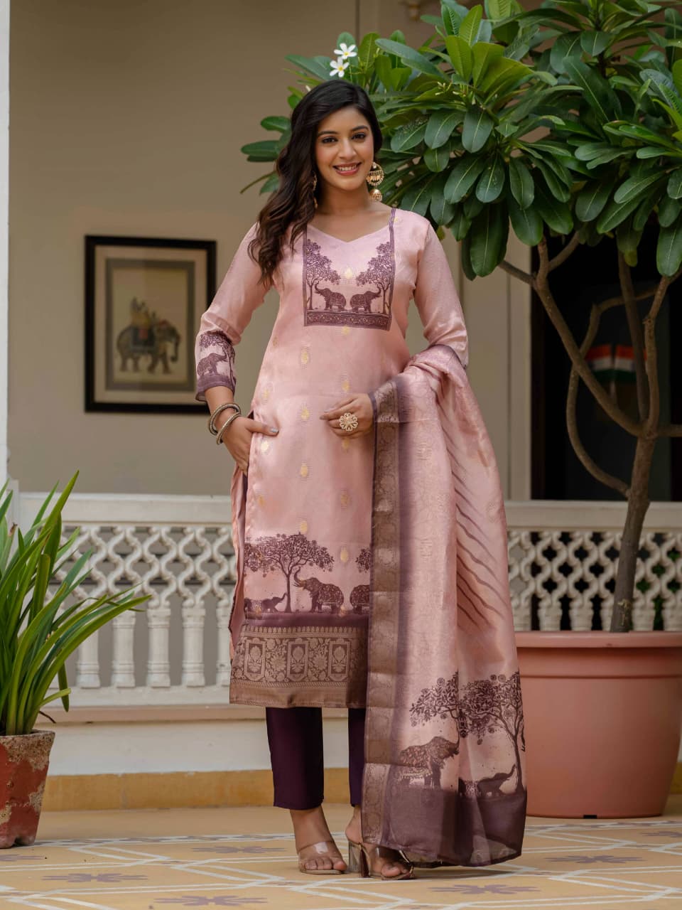 Blush Pink Heritage Print Suit with Artistic Scenic Dupatta