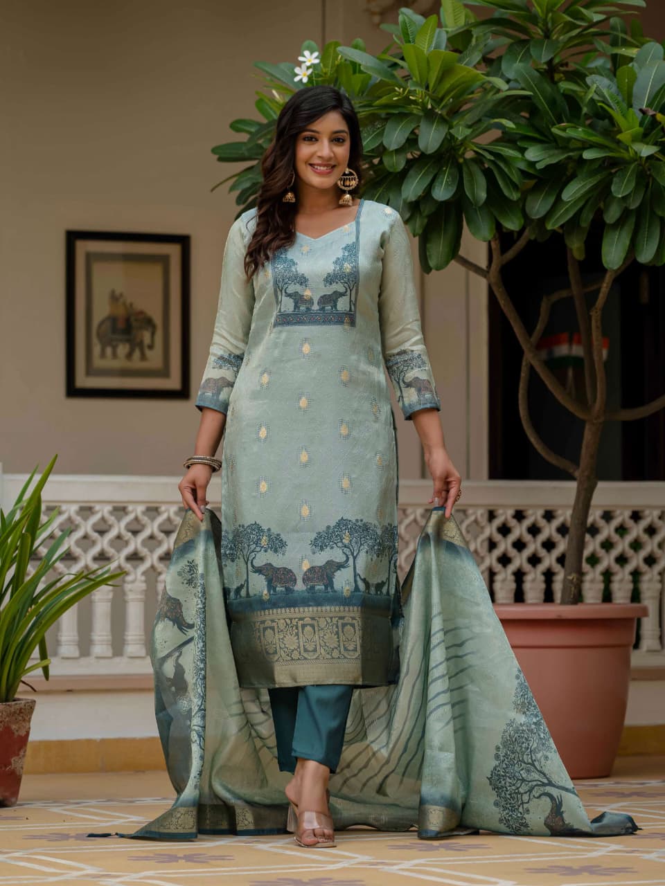 Teal Heritage Print Suit with Artistic Scenic Dupatta