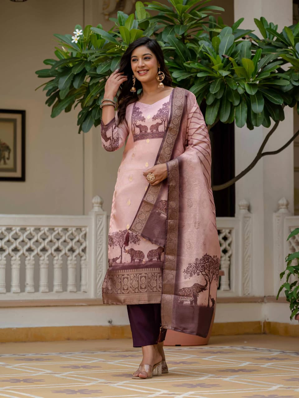 Blush Pink Heritage Print Suit with Artistic Scenic Dupatta