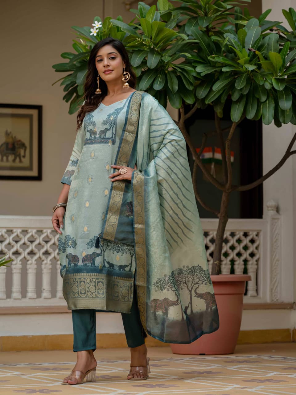 Teal Heritage Print Suit with Artistic Scenic Dupatta