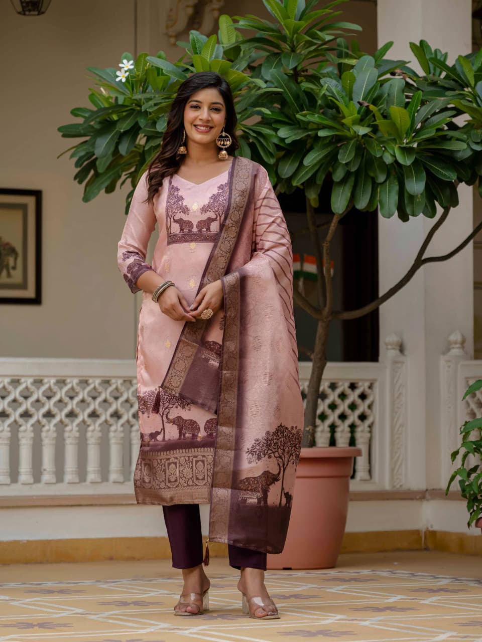 Blush Pink Heritage Print Suit with Artistic Scenic Dupatta