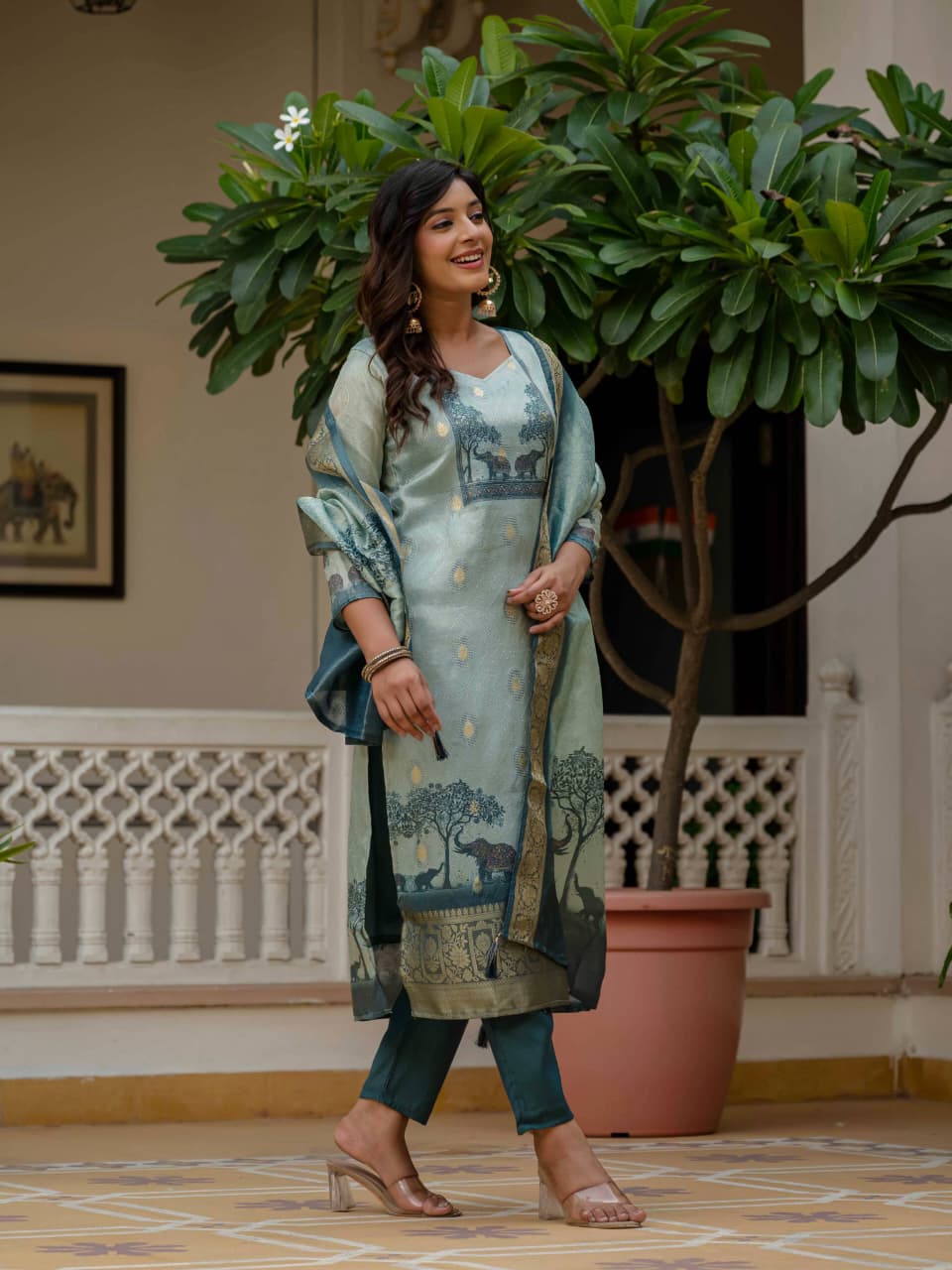 Teal Heritage Print Suit with Artistic Scenic Dupatta