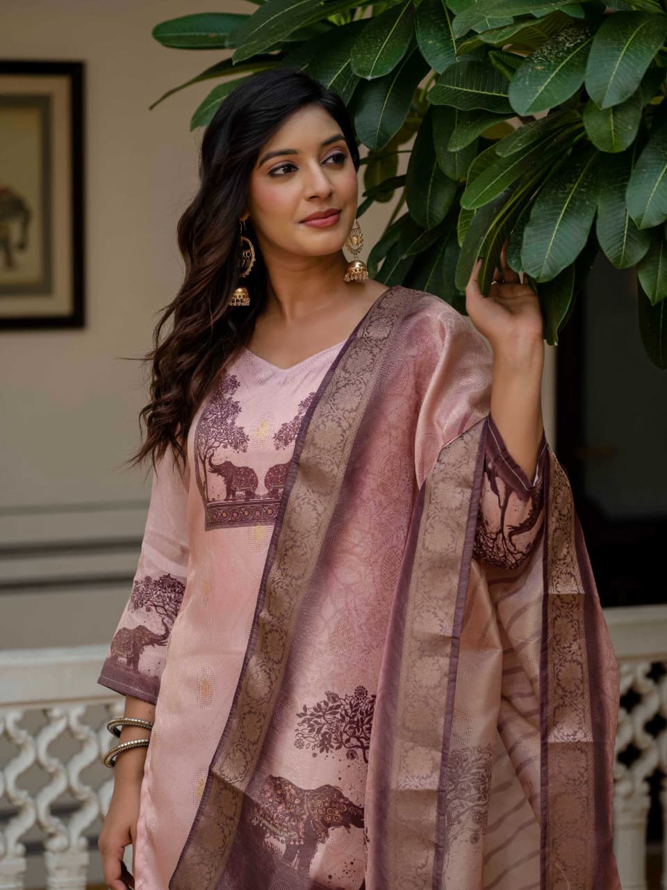 Blush Pink Heritage Print Suit with Artistic Scenic Dupatta