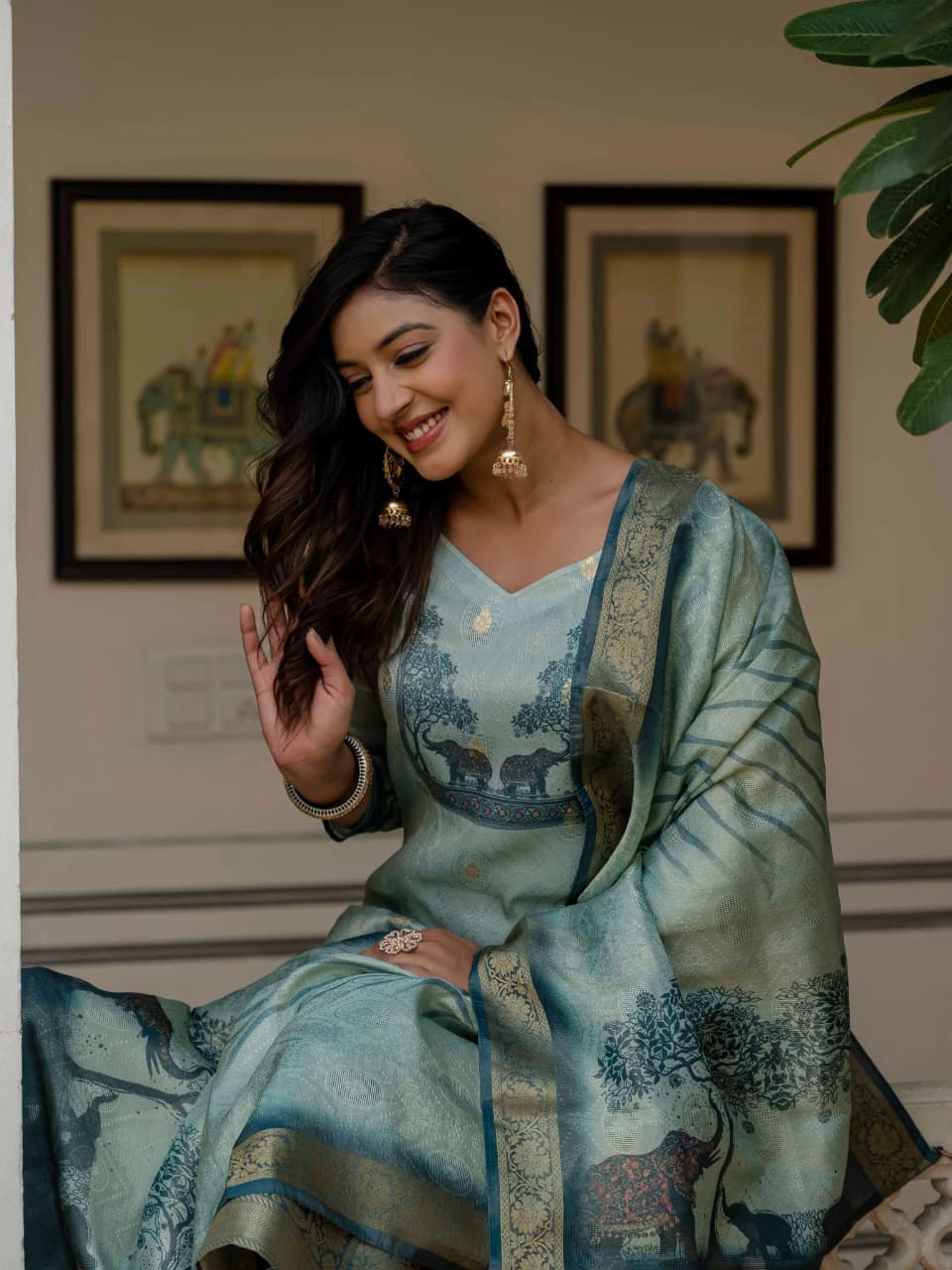 Teal Heritage Print Suit with Artistic Scenic Dupatta