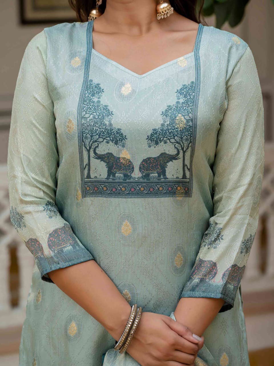Teal Heritage Print Suit with Artistic Scenic Dupatta
