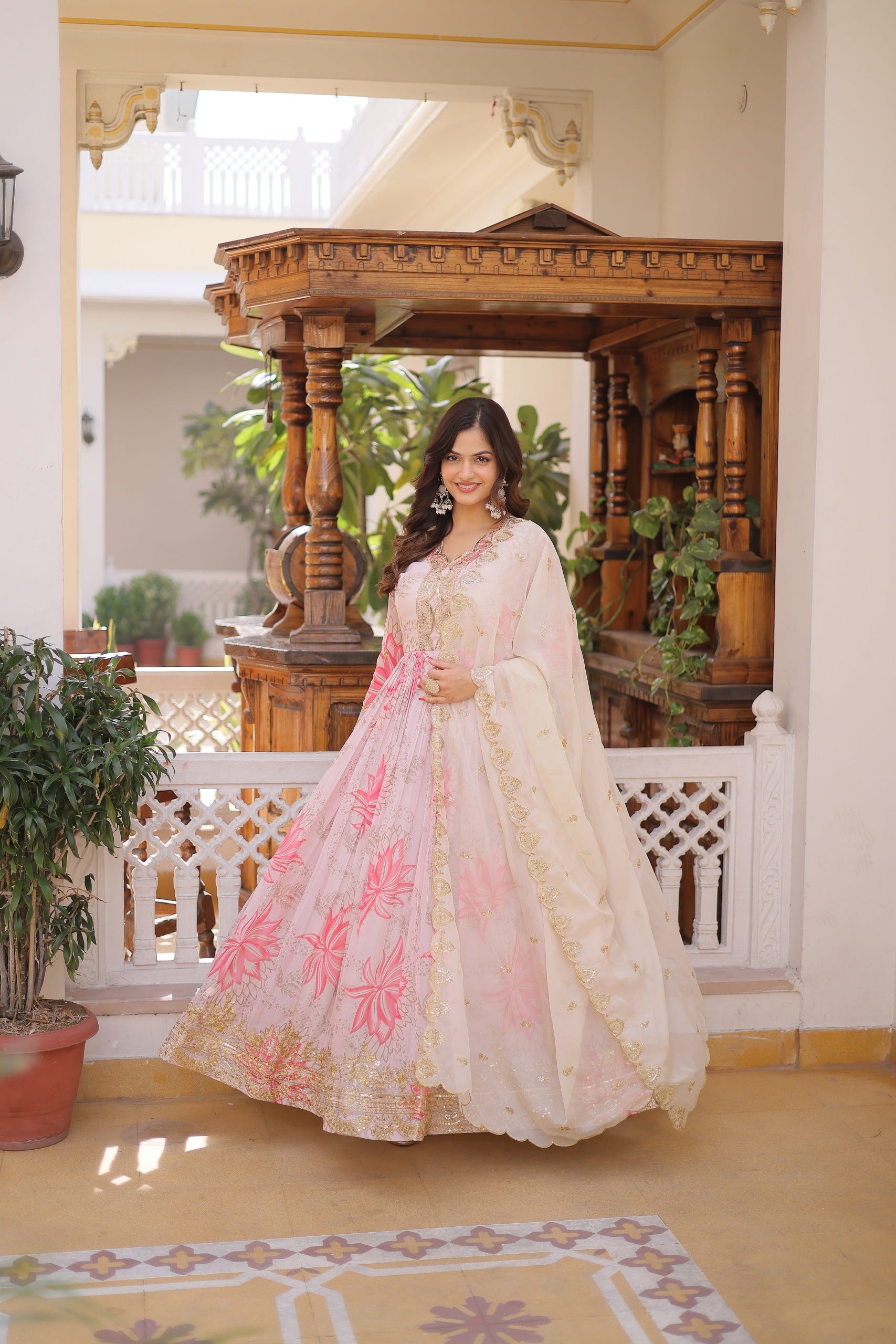 Blush Bloom Embroidered Anarkali Dress with Ivory Dupatta