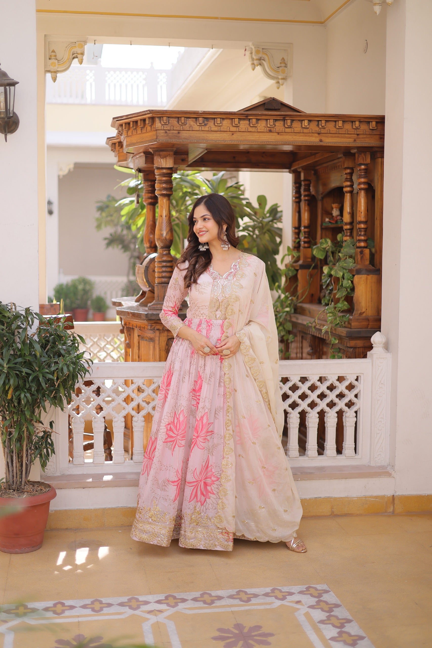 Blush Bloom Embroidered Anarkali Dress with Ivory Dupatta