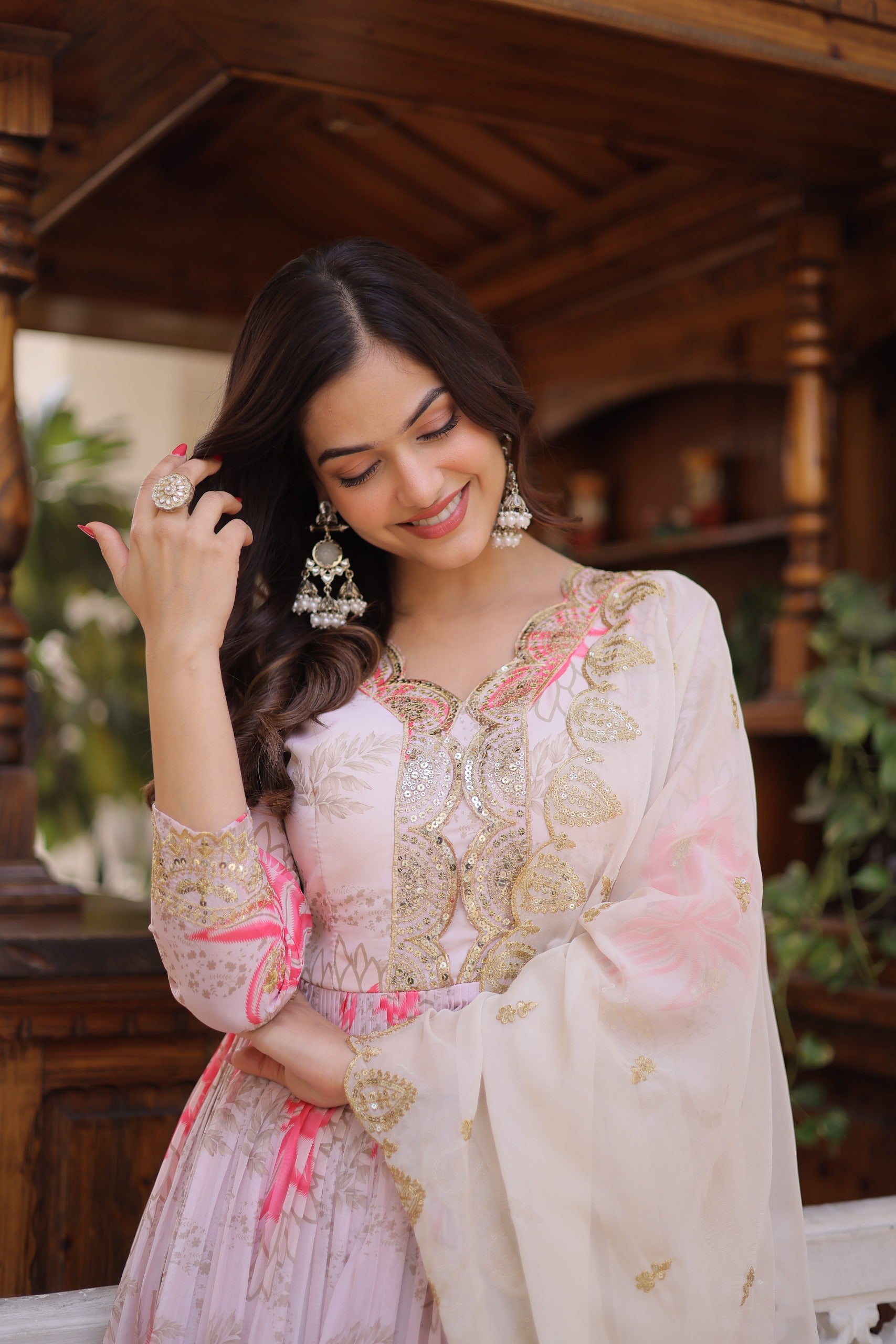 Blush Bloom Embroidered Anarkali Dress with Ivory Dupatta