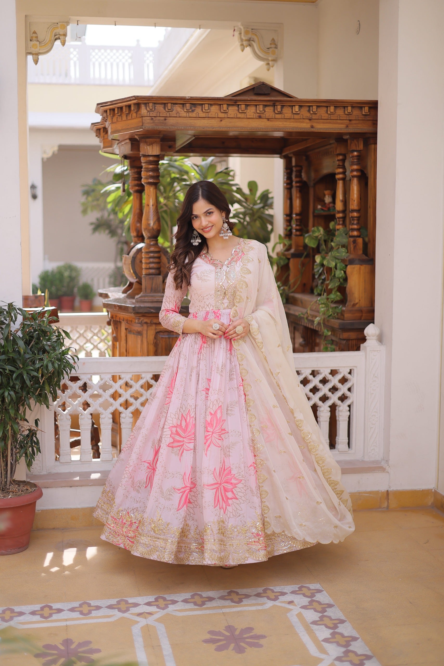 Blush Bloom Embroidered Anarkali Dress with Ivory Dupatta
