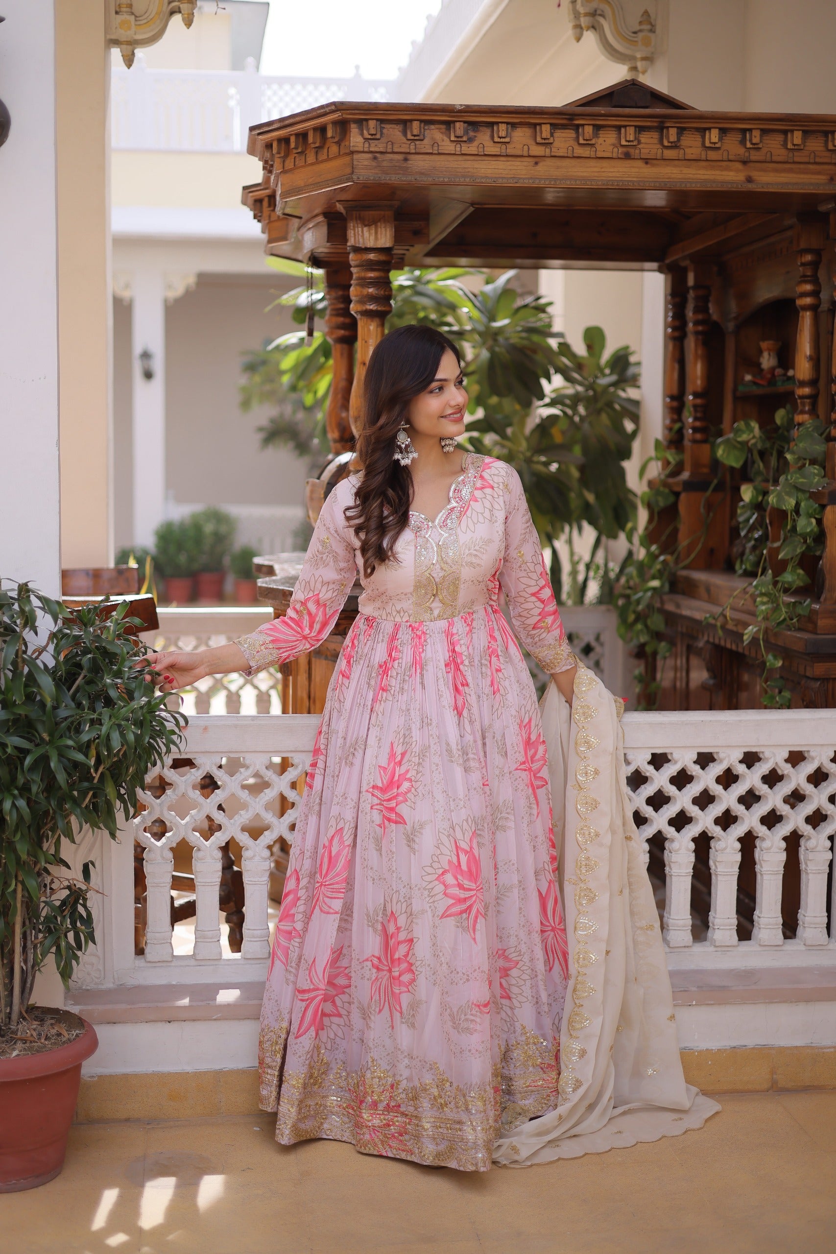 Blush Bloom Embroidered Anarkali Dress with Ivory Dupatta