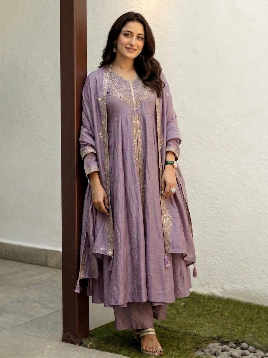 Women's Lavender Embroidered Anarkali Kurta Set with Dupatta