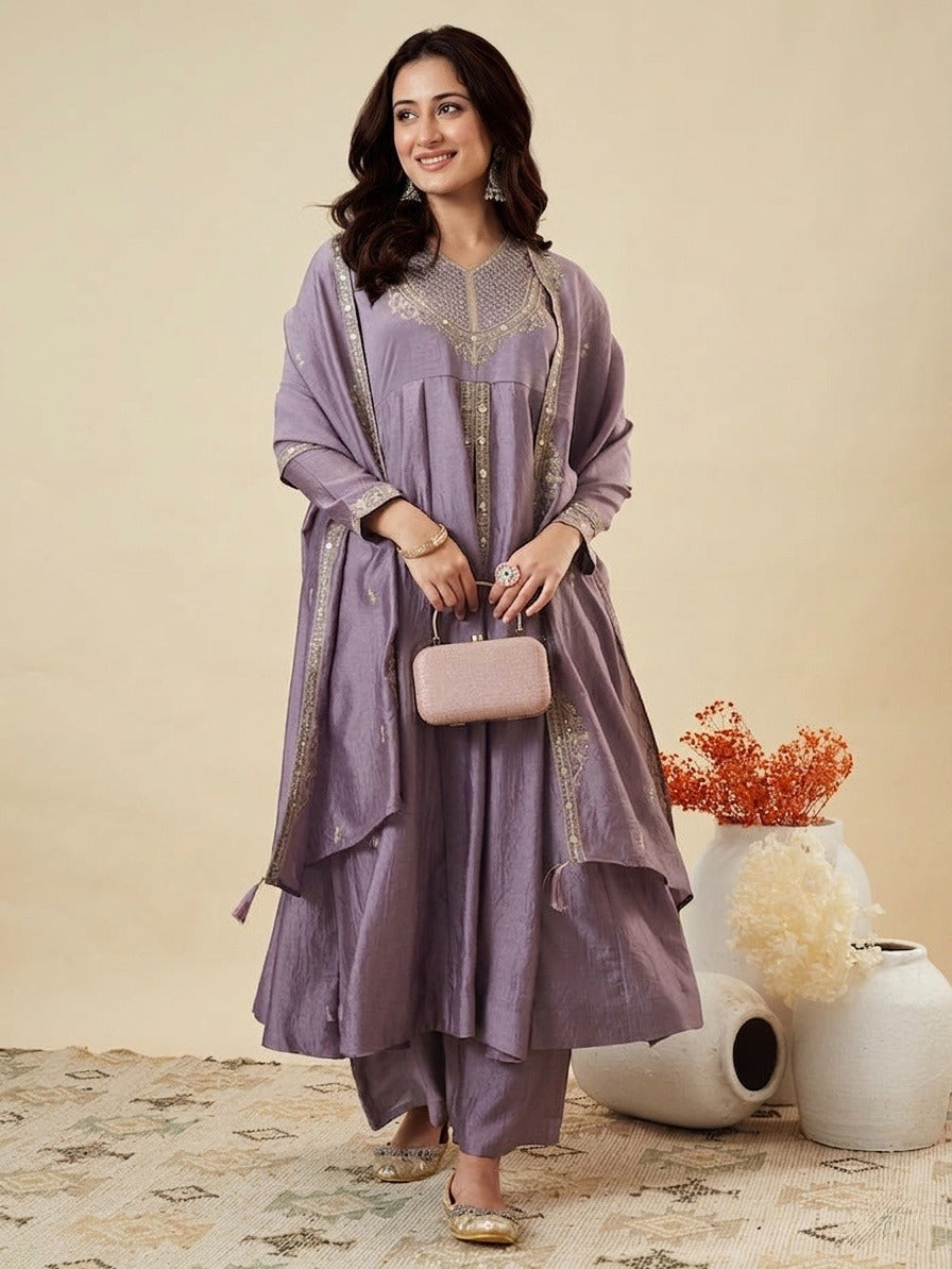 Women's Lavender Embroidered Anarkali Kurta Set with Dupatta