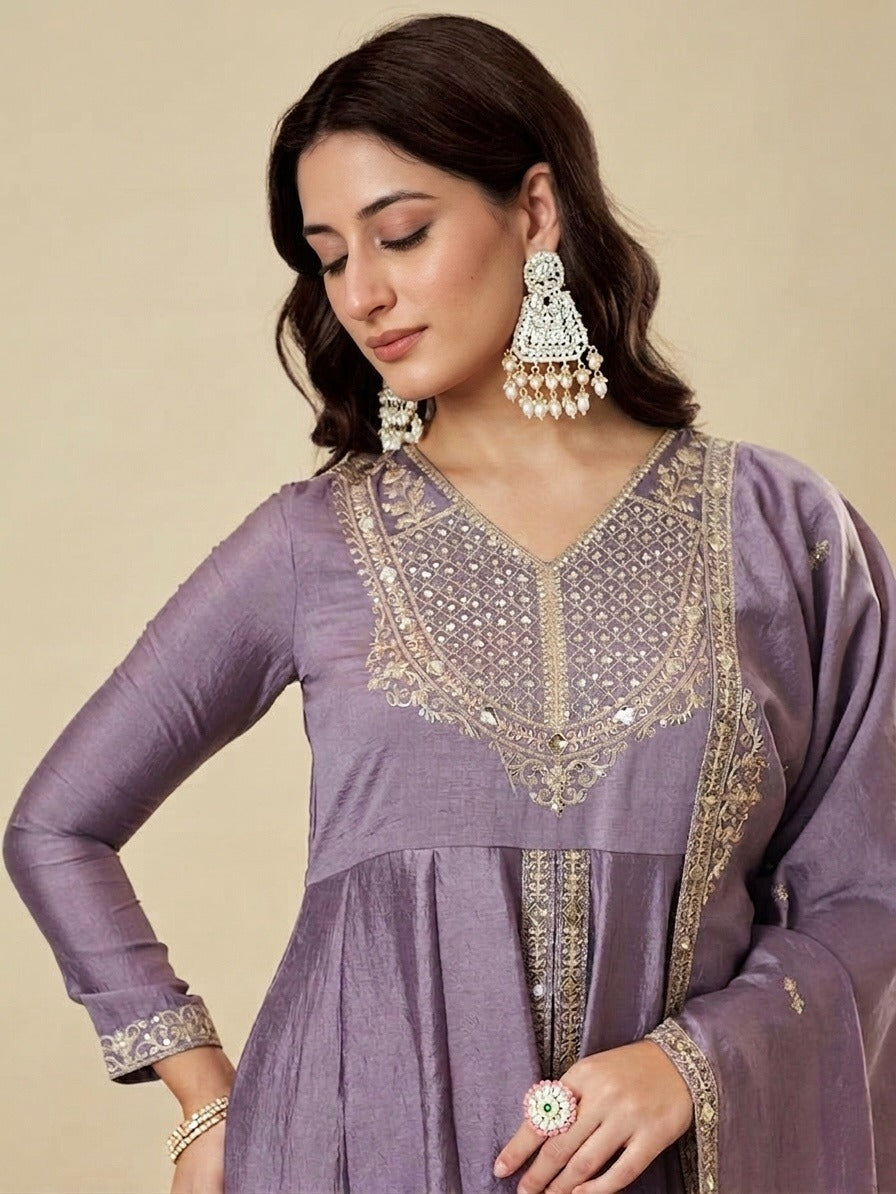 Women's Lavender Embroidered Anarkali Kurta Set with Dupatta