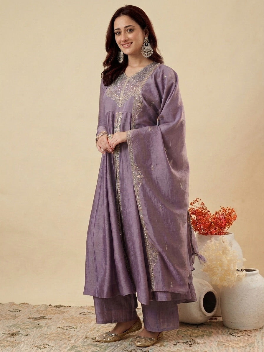 Women's Lavender Embroidered Anarkali Kurta Set with Dupatta
