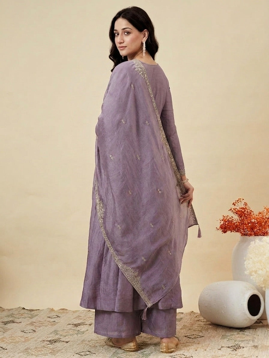 Women's Lavender Embroidered Anarkali Kurta Set with Dupatta