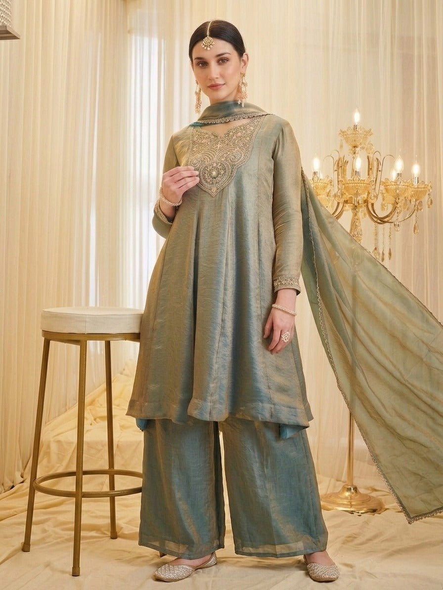 Women's Dusty Teal Embroidered Kurta Palazzo Set with Dupatta