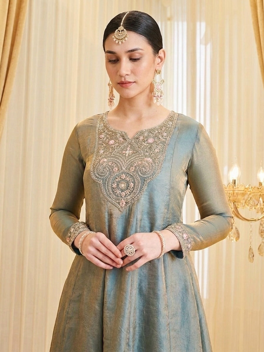 Women's Dusty Teal Embroidered Kurta Palazzo Set with Dupatta