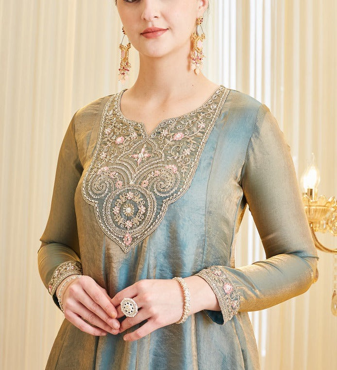Women's Dusty Teal Embroidered Kurta Palazzo Set with Dupatta
