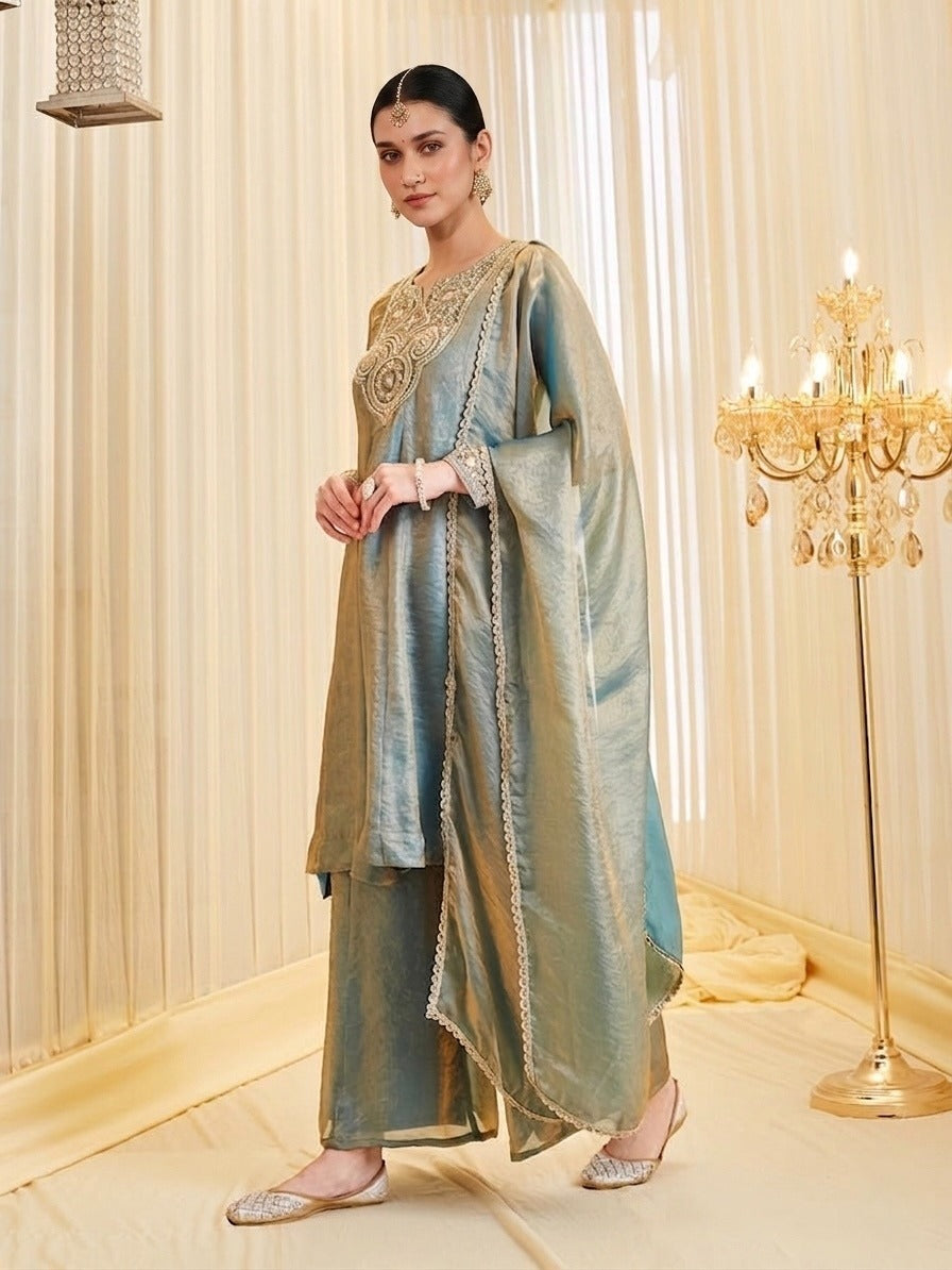 Women's Dusty Teal Embroidered Kurta Palazzo Set with Dupatta