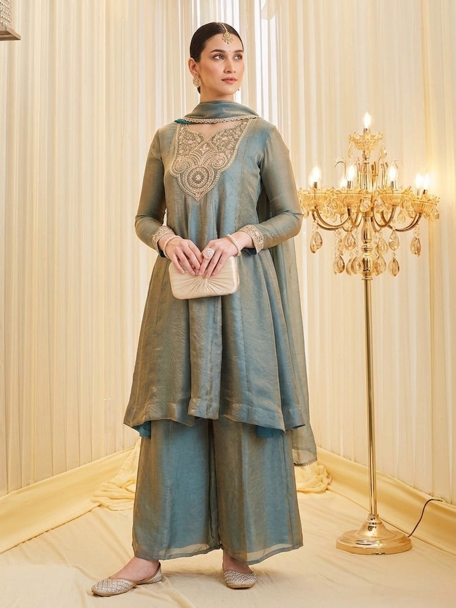 Women's Dusty Teal Embroidered Kurta Palazzo Set with Dupatta