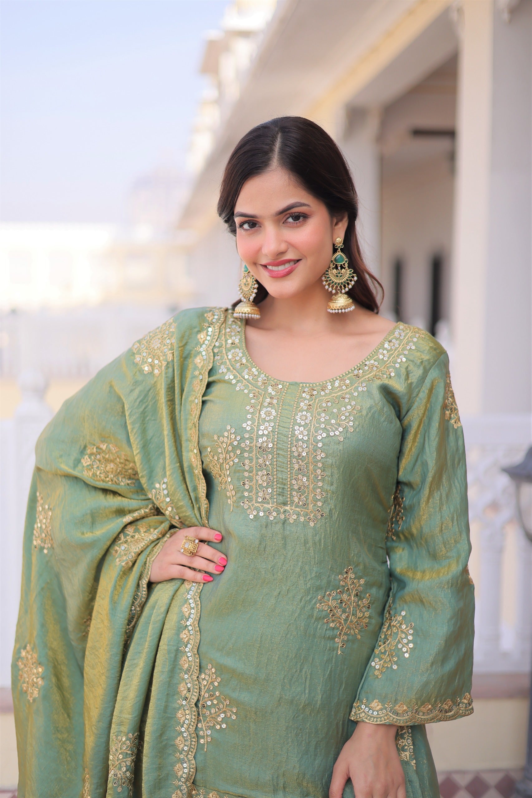 Olive Green Embroidered Kurta Sharara Set with Dupatta