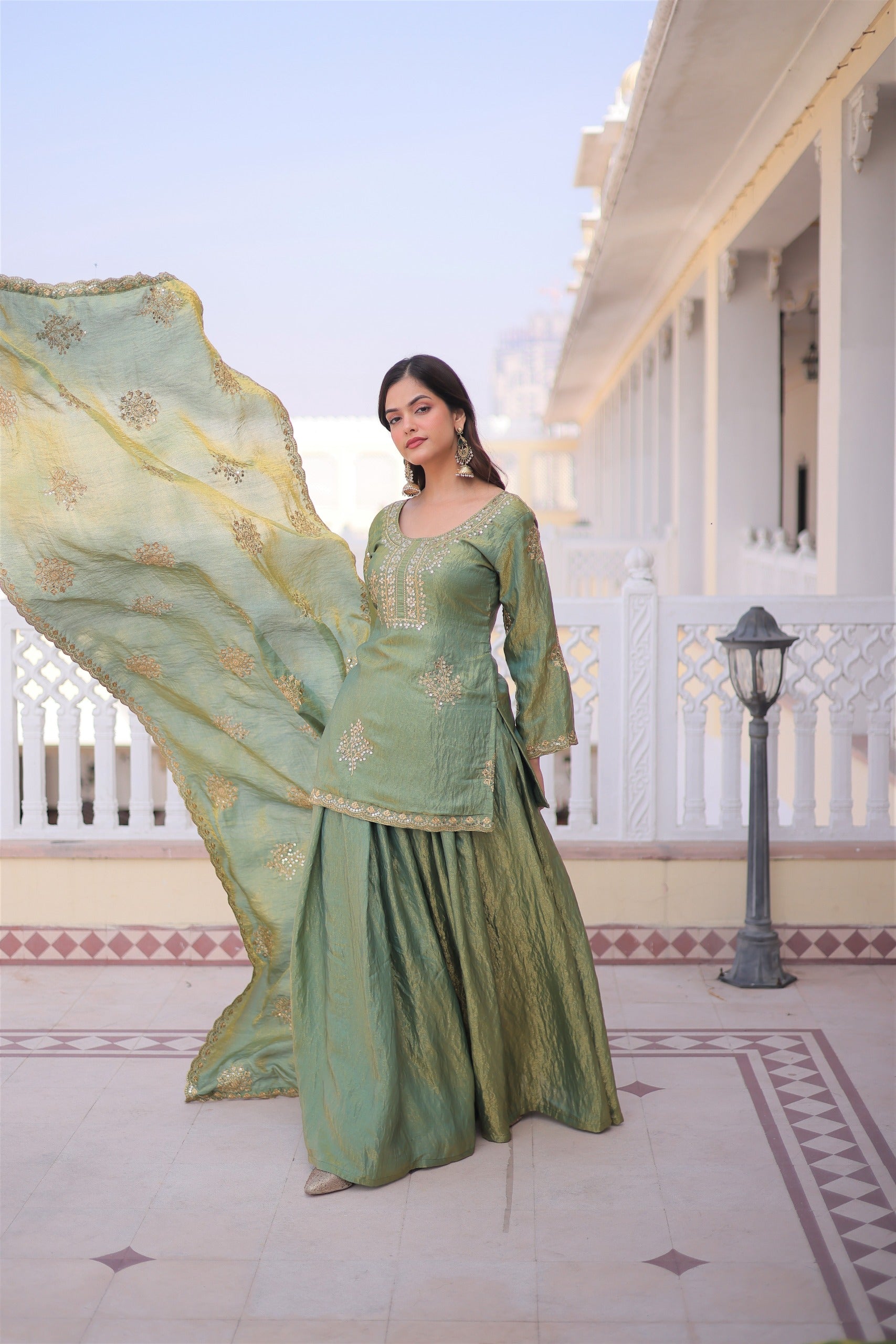 Olive Green Embroidered Kurta Sharara Set with Dupatta