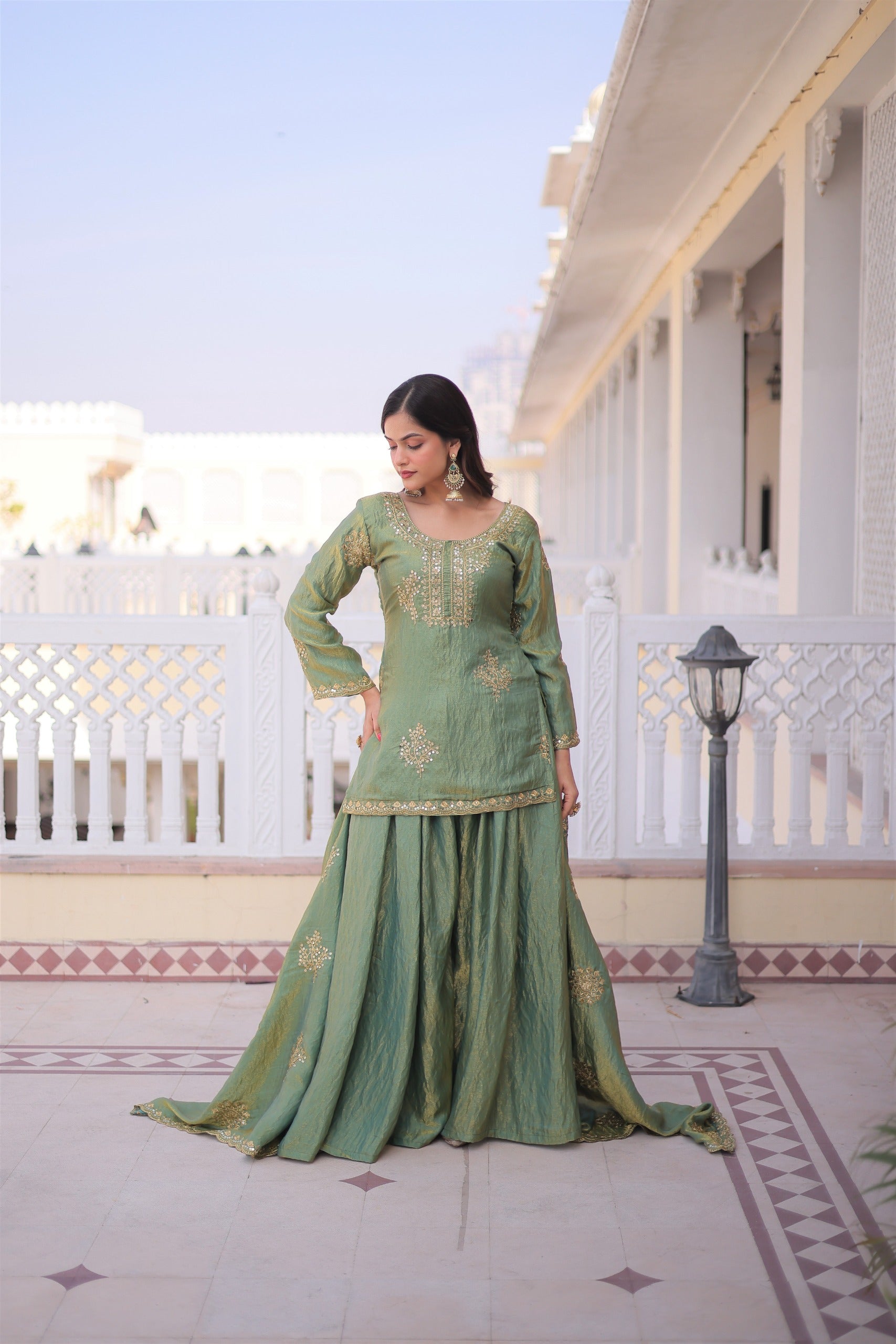 Olive Green Embroidered Kurta Sharara Set with Dupatta