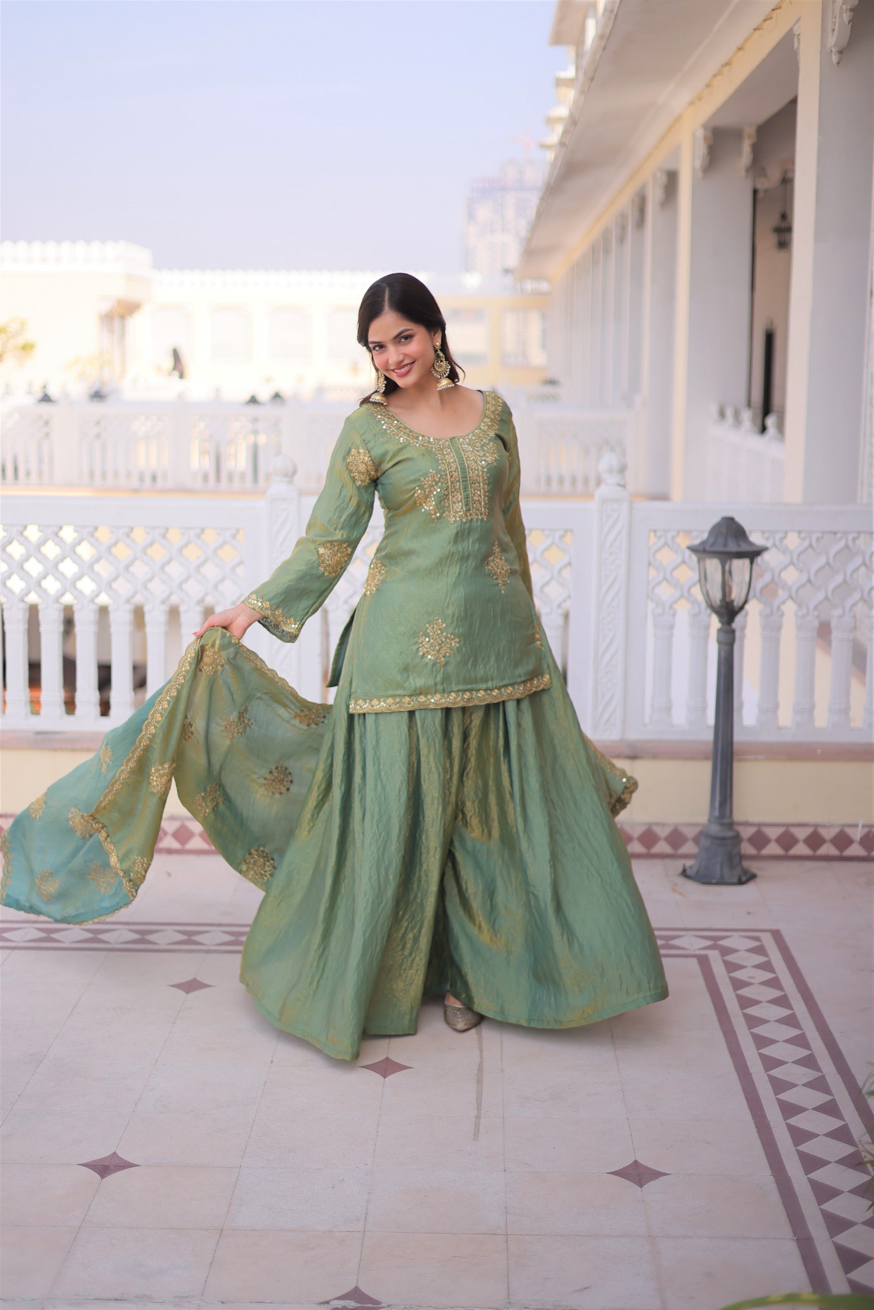 Olive Green Embroidered Kurta Sharara Set with Dupatta