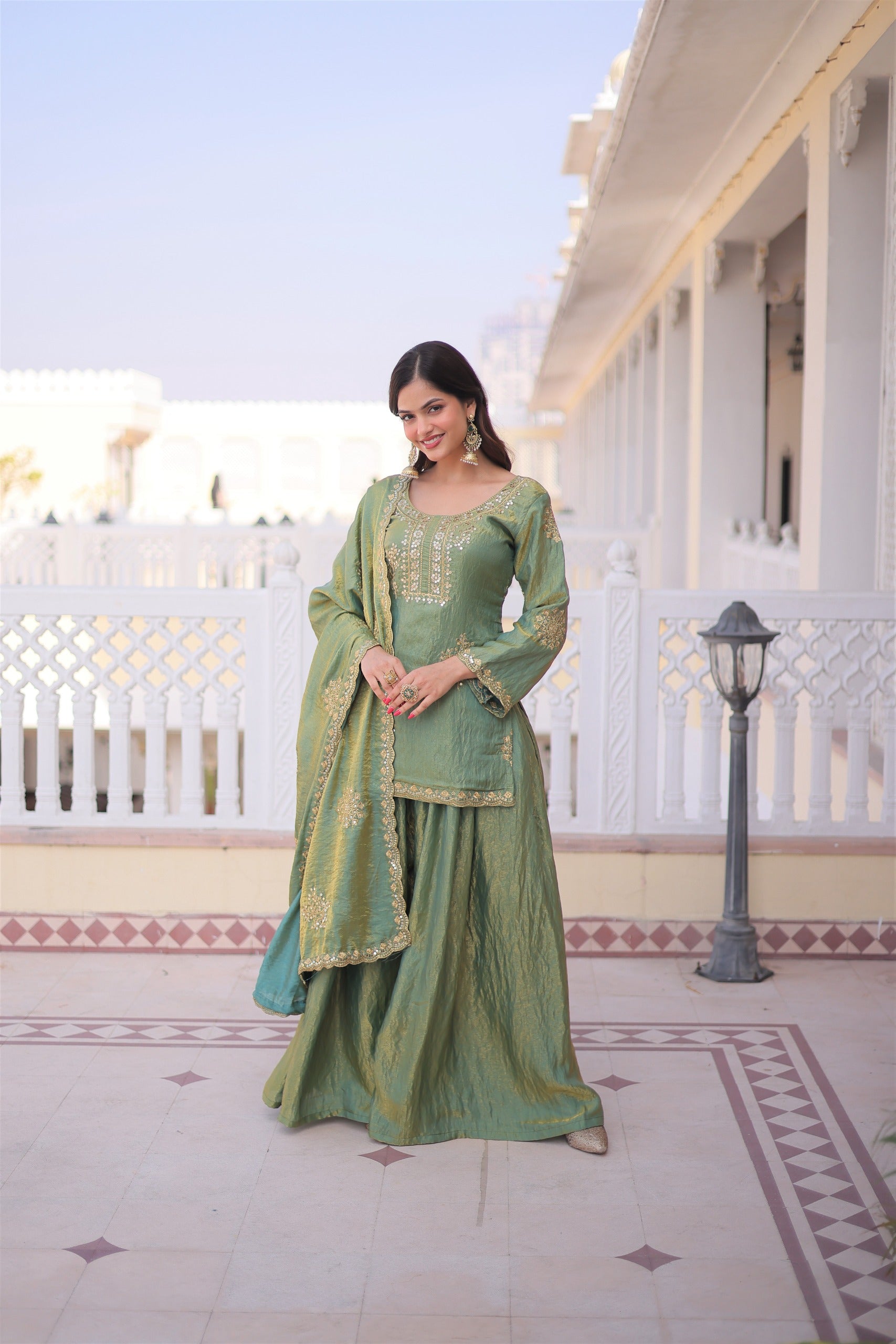 Olive Green Embroidered Kurta Sharara Set with Dupatta