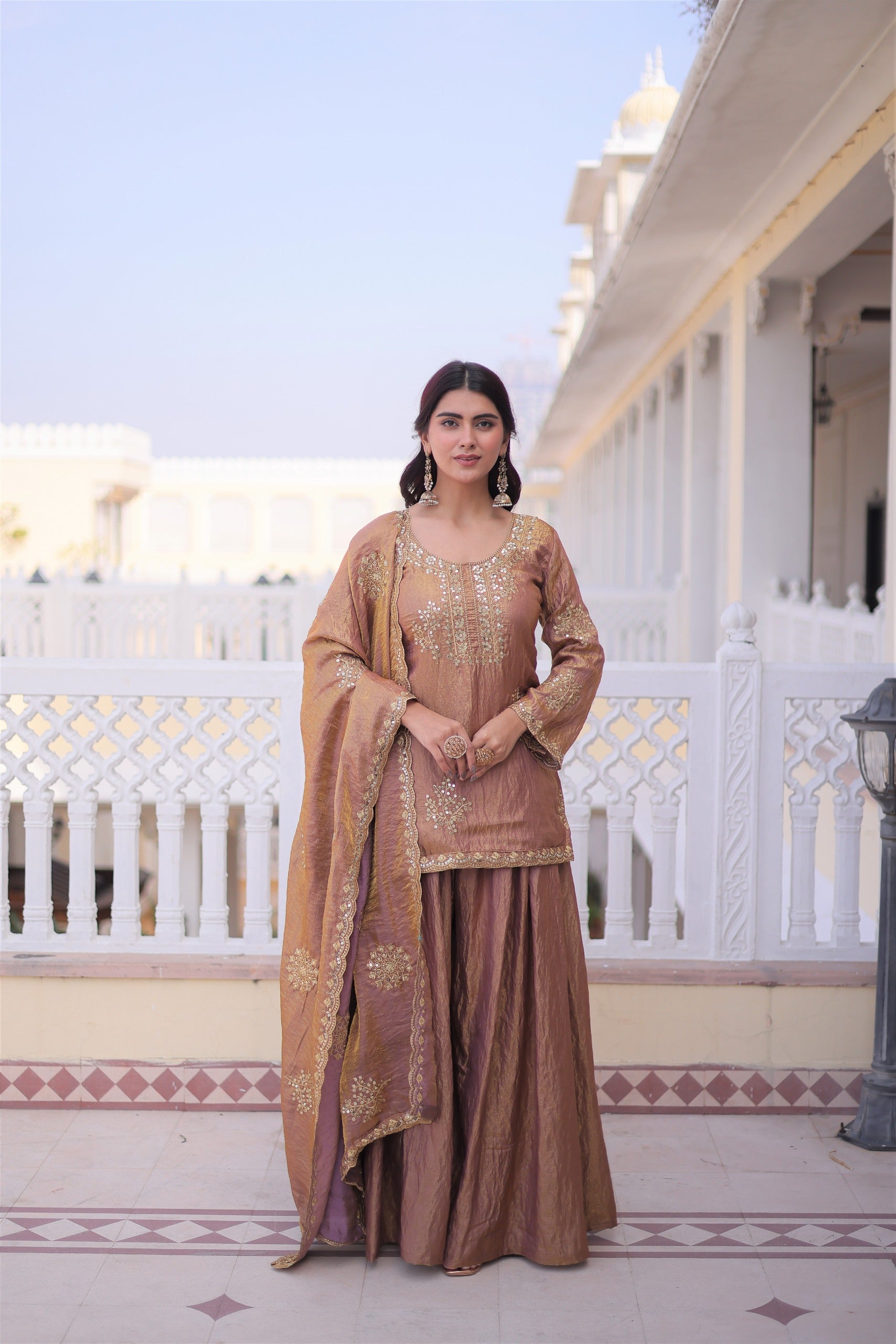 Brown Embroidered Kurta Sharara Set with Dupatta