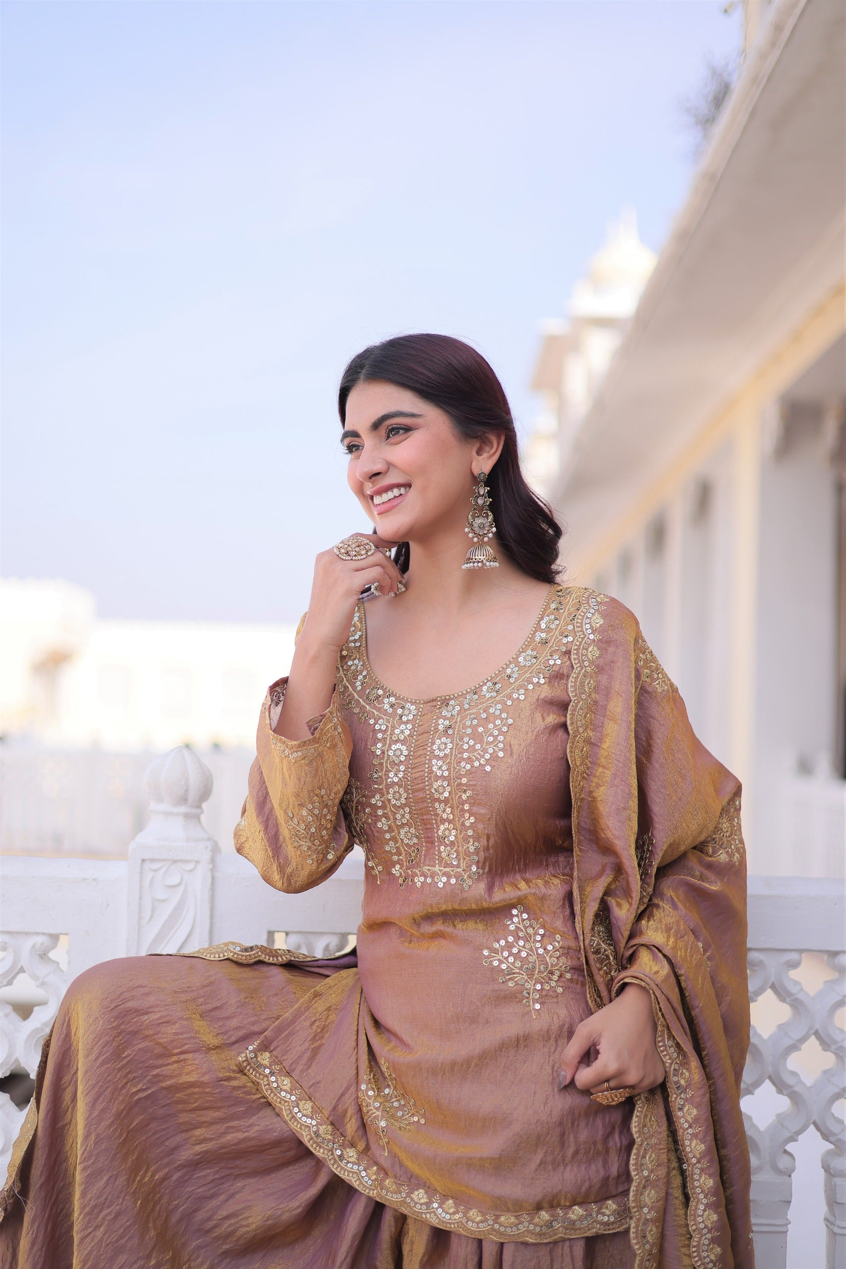 Brown Embroidered Kurta Sharara Set with Dupatta