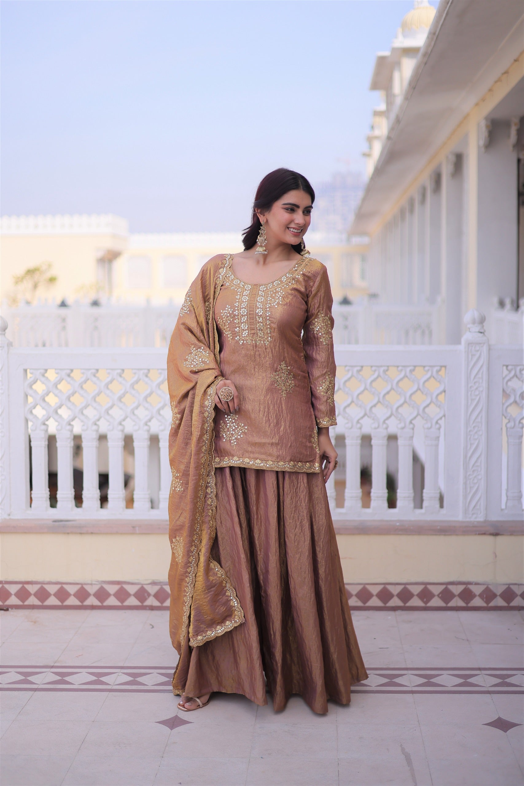 Brown Embroidered Kurta Sharara Set with Dupatta