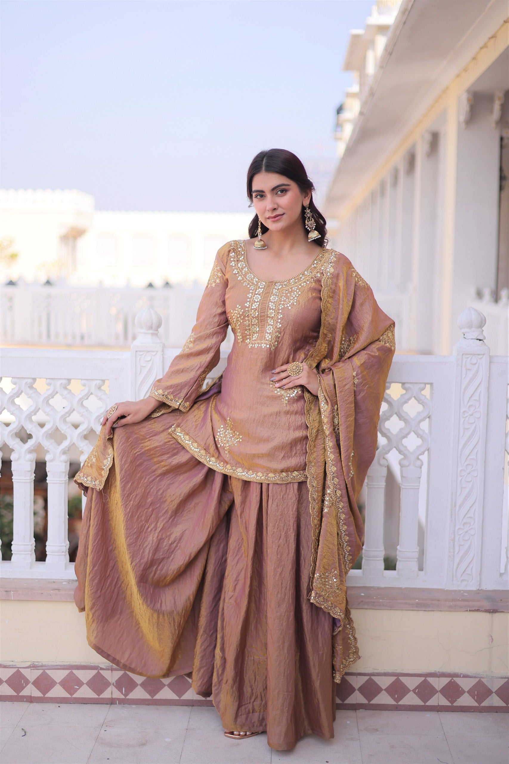 Brown Embroidered Kurta Sharara Set with Dupatta