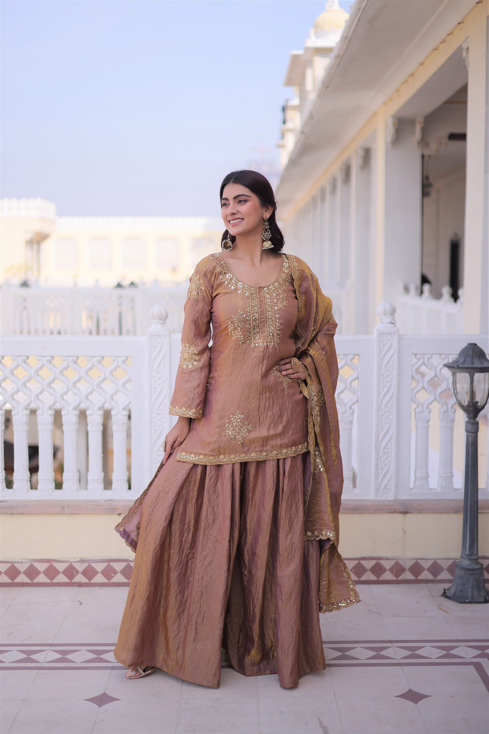 Brown Embroidered Kurta Sharara Set with Dupatta
