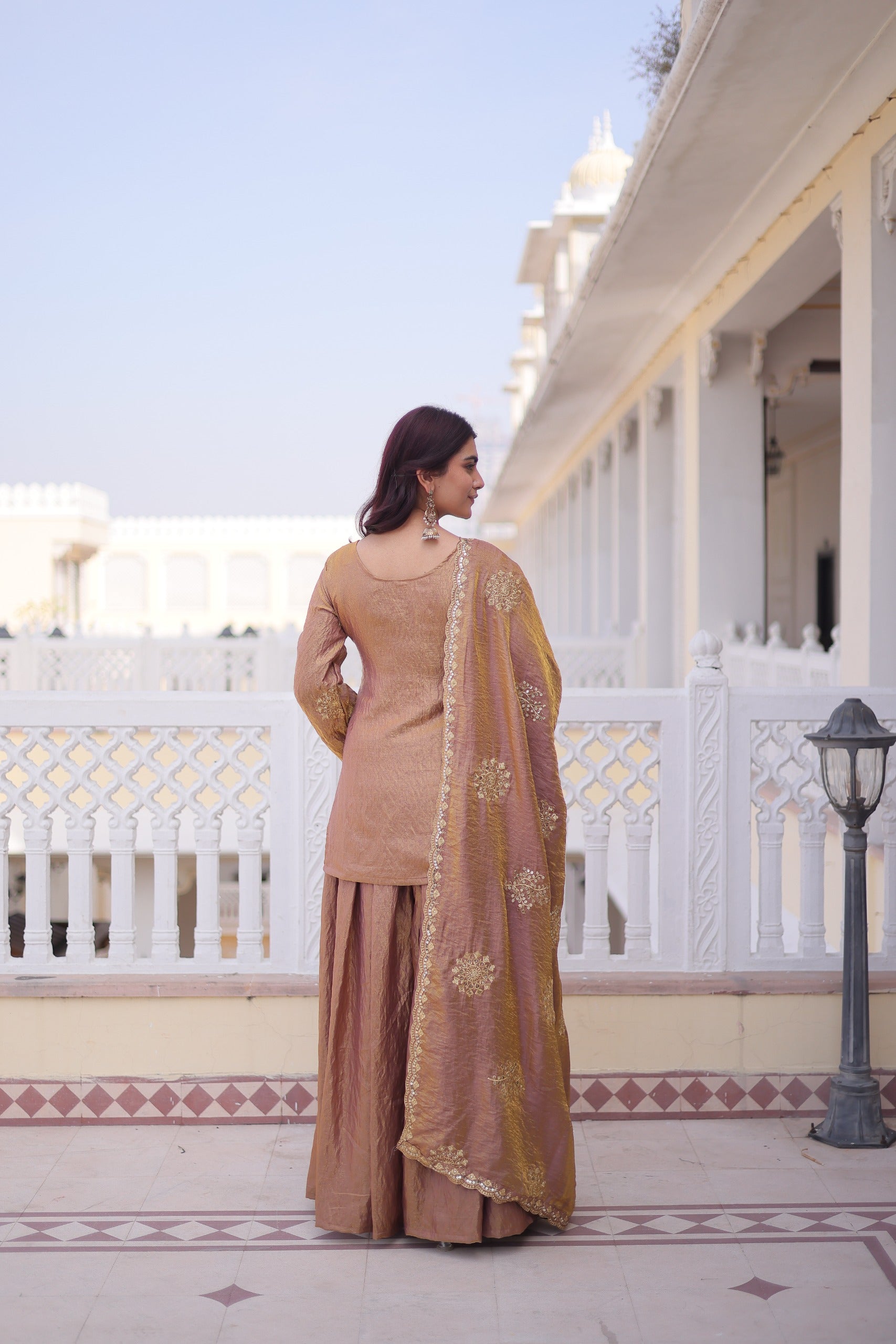 Brown Embroidered Kurta Sharara Set with Dupatta