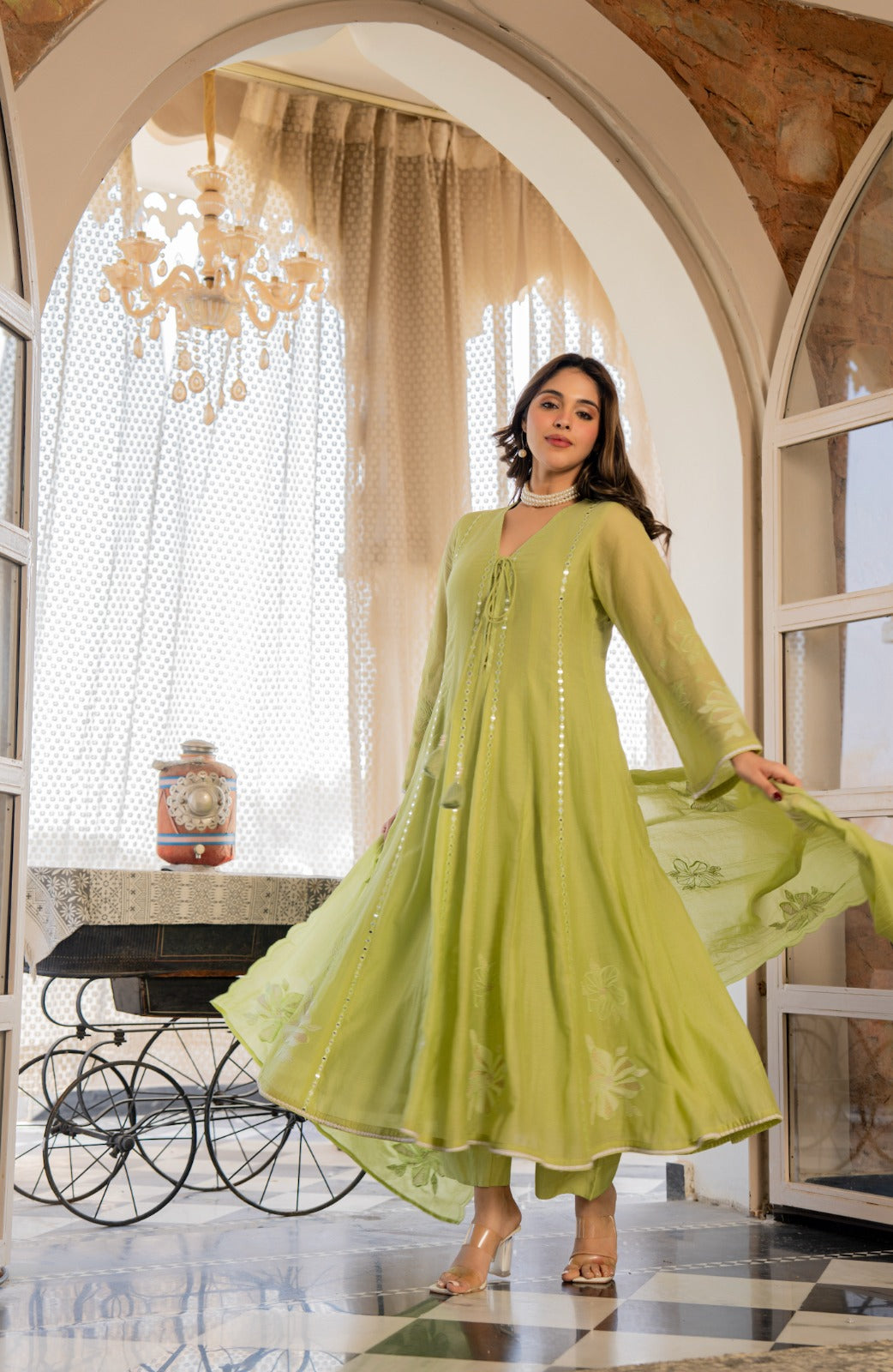 Women’s Green Embroidered Kurta Set with Floral Dupatta